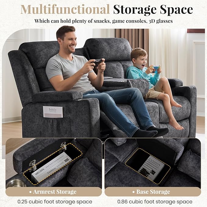 RV Power Loveseat Recliner Sofa with Console|RV Reclining Loveseat with Bluetooth Speaker & LED Light | RV Wall Hugger Double Recliner Loveseat Sofa 3 Pillows (Velvet Gray) | LED Light, Double Seat, Hidden Storage, Comfy Velvet