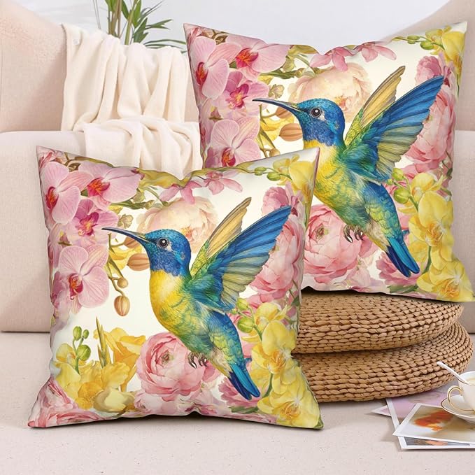 Spring Pillow Covers 24x24 Set of 2 Hummingbird Throw Pillow Covers Pink Yellow Moth Orchid Buttercup Floral Pillow Case for Home Decor Couch Sofa