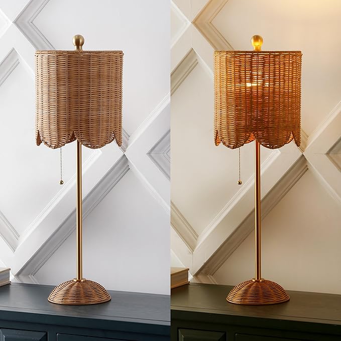 JONATHAN Y 27.5" Brass Gold Coastal Buffet Table Lamp Set of 2 for Bedroom, Boho Table Lamps with Natural Rattan Scalloped Shade, Pull Chain, LED Bulbs Included JYL1138A-SET2