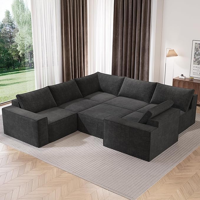 Vesgantti 143.7" Boneless Couch for Living Room, 6 Seater Modular Sectional Sofa with Ottoman & Deep Seat, Convertible Chenille Oversized Cloud Couches, No Assembly Required, Dark Grey