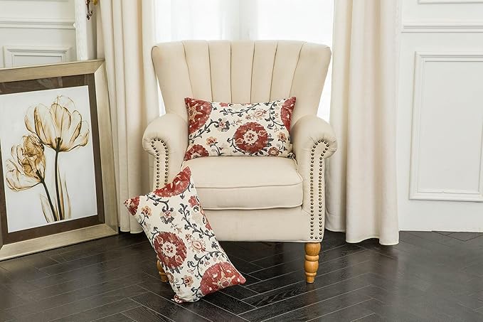 Mika Home Pack of 2 Jacquard Circle Floral Rectangle Throw Pillow Covers Oblong Pillow Cases for 12X20 Inserts Cream Red