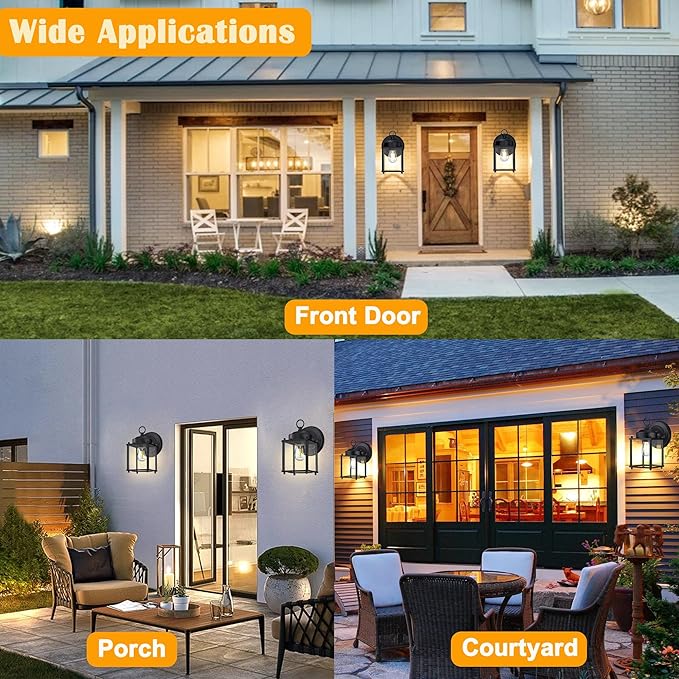 Outdoor Wall Lantern, Exterior Waterproof Wall Sconce Light Fixtures, Black Front Porch Lights with Clear Glass, Anti-Rust Metal Outside Lighting Fixture for House Doorway Garage, 2-Pack