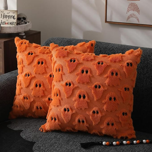 DFXSZ Halloween Pillow Covers 20x20 inch Set of 2 Orange Ghost Throw Pillow Cases Soft Plush Faux Fur Wool Couch Cushion Case for Chair Sofa Bedroom Living Room Home Decor PTK03C20