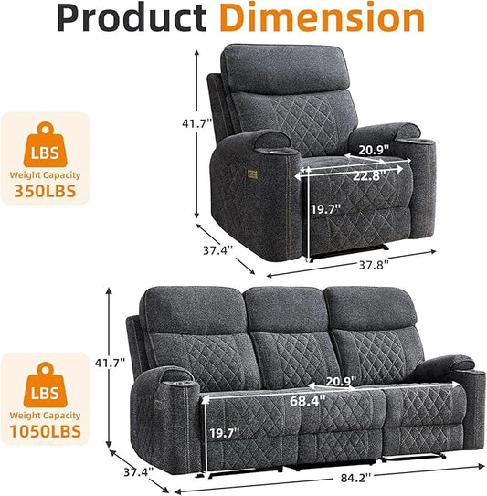 EBELLO Power Reclining Sofa Set, Fabric Electric Recliner Chair and 3 Seater Sofa Couch with Cup Holders, USB and Type-C Charging Ports and Storage Space, 4 Seats for Small Living Room, Grey