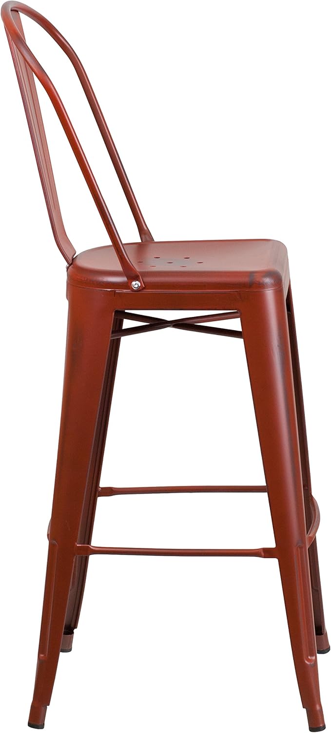 Flash Furniture Commercial Grade 30" High Distressed Kelly Red Metal Indoor-Outdoor Barstool with Back