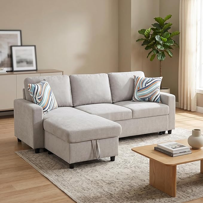 Pull Out Couch, L Shaped Sectional Couch with Pull Out Bed, Convertible Sofa Bed with Storage Chaise, Queen Size Sleeper Sofa, Sofa Bed Couch, Sleeper Sofa with Storage, Gray