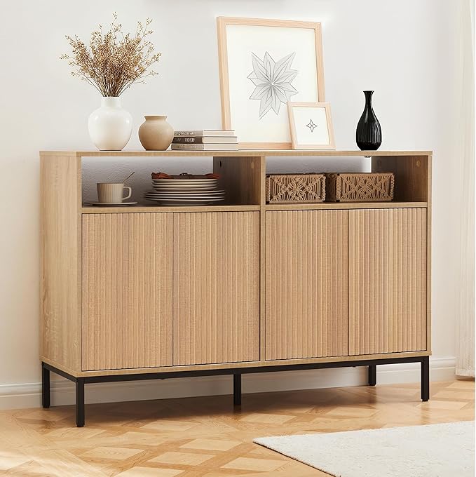 46.4" Fluted Sideboard Buffet Cabinet with Storage, Coffee Bar Console Cabinet with 4 Doors and Adjustable Shelves, Modern Wood Credenza for Kitchen, Living Room, Entryway, Natural