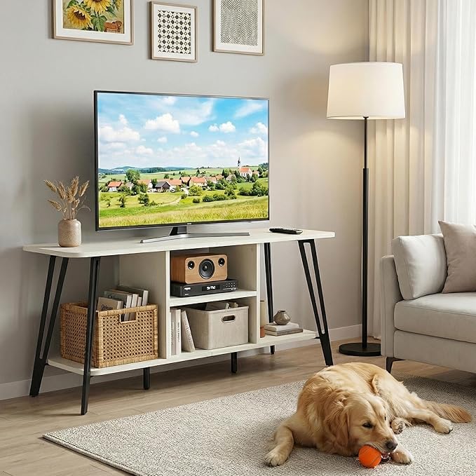 Manora TV Stand for TVs up to 55 Inch, Simple Modern Entertainment Center with 3 Tier Open Storage Shelves, TV Console Table for for Living Room, Bedroom, White