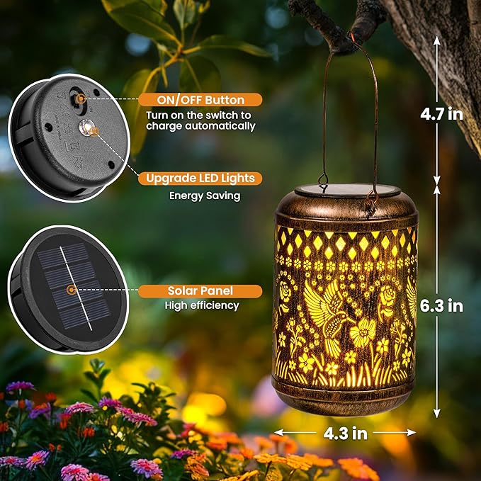Hummingbird Gardening Gifts Outdoor Solar Lanterns, 1 Pack Garden Decor for Outside, Hanging Solar Lanterns Decorative Gifts for Gardeners, Mom, Grandma Birthday Vintage Table Metal Lights for Garden