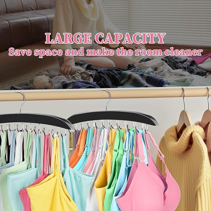 360 Rotating Bra Organizer, Space Saving w/20 Foldable Metal Hooks, Tank Top Hanger Closet Organizers and Storage for Camisoles/Tank Tops/Belts/Scarves Black