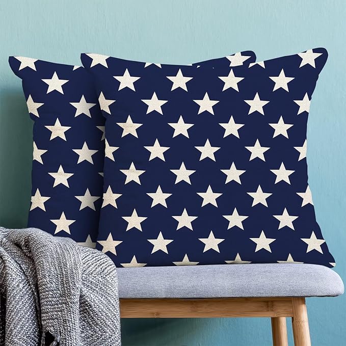 BETGINY 4th of July Pillow Covers 18x18 Set of 2, Memorial Day Blue Stars Decorations Throw Pillow Covers Linen Patriotic Independence Day Cushion Case for Couch Sofa Summer Home Outdoor Decor