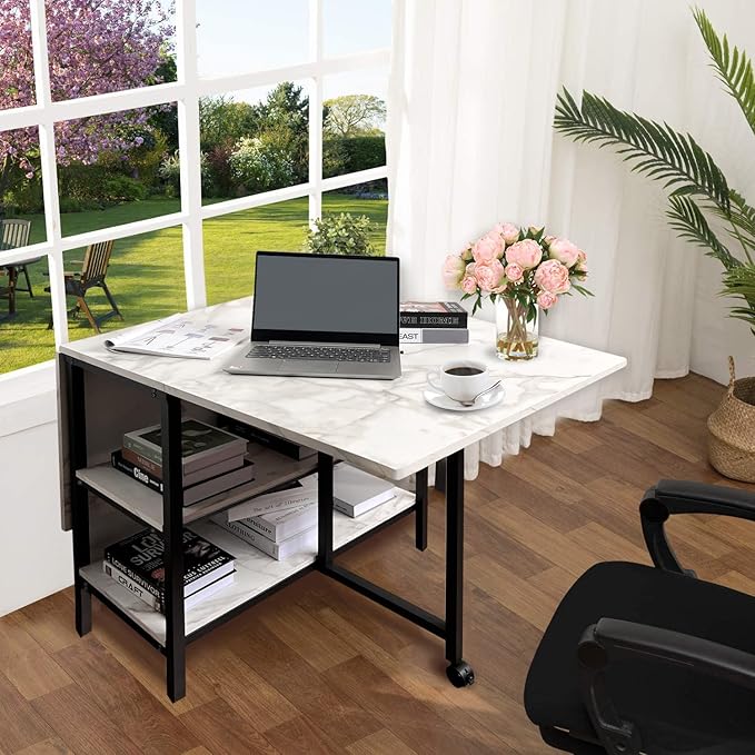 AT-VALY Folding Dining Table with 2 Storage Open Shelf,Drop Leaf Extension Dining Table,Top Folding 15.7" to 55.1" Kitchen Table (Black)