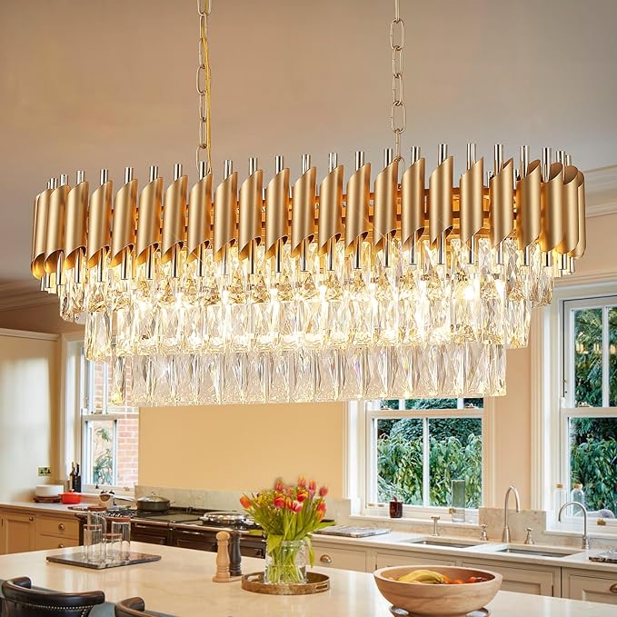 Modern Rectangular Chandelier Gold Crystal Chandeliers for Dining Room 8-Light Linear Ceiling Pendant Light Long 32” Luxury Oval Chandelier for Kitchen Island Living Room