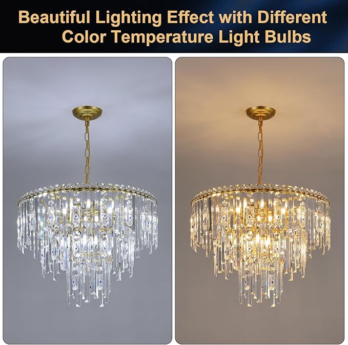 Gold Crystal Chandeliers, 24” Modern Round Chandelier for Dining Room 3 Tiers 12 Lights Ceiling Pendant Light Fixtures Large Ceiling Chandeliers for Foyer Living Room Bedroom