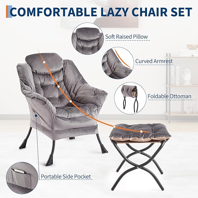 GarveeHome Lazy Chair with Ottoman, Modern Lounge Accent Chair, Leisure Sofa Armchair with Footrest, Reading Armchair with Side Pocket for Living Room, Bedroom, Dorm & Office (Dark Grey, 1PCS)