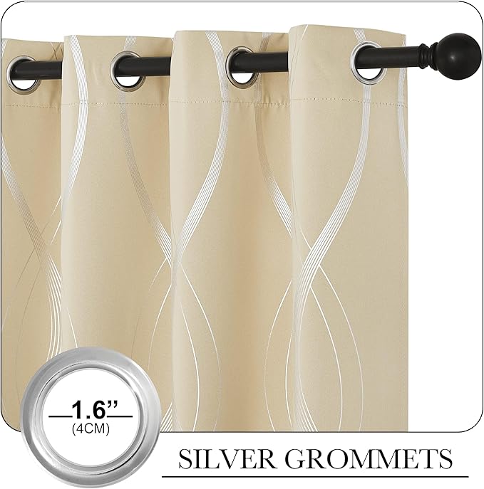NICETOWN Blackout Curtains 90" Long 2 Panels, 52", Biscotti Beige, Foil Printed Wave Lines Energy Saving Thermal Insulated Blackout Draperies for Patio Hall Studio