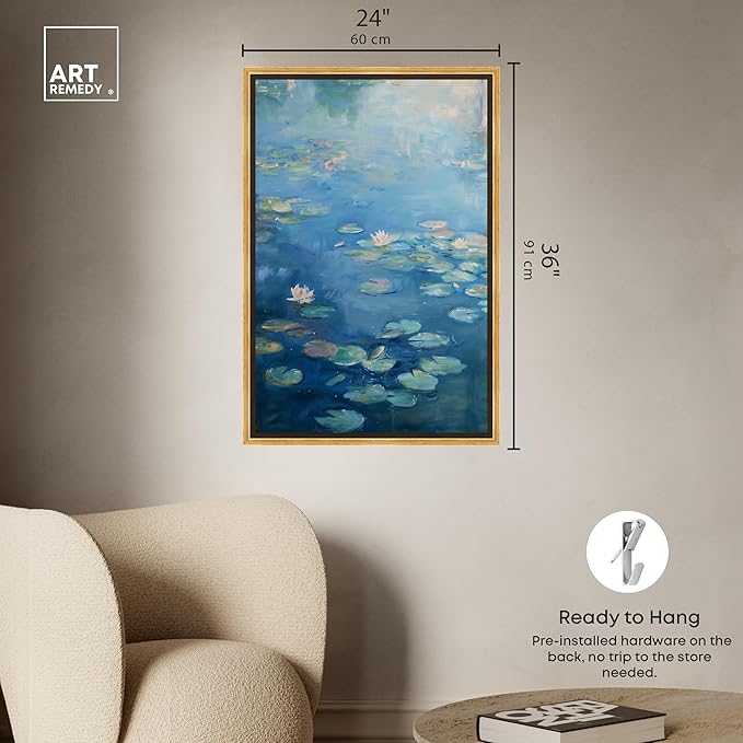 Art Remedy Lilypads In Blues Framed Impressionism 1 Piece Canvas Wall Art/Monet And Van Gogh Inspired Art, 25.5" x 37.5", Gold Frame