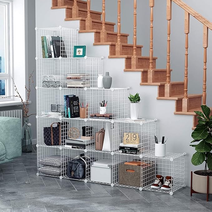 C&AHOME Wire Cube Storage, 16-Cube Organizer Metal Grids Storage, Storage Bins Shelving, Modular Bookshelf Shelves, DIY Closet Cabinet Ideal for Bedroom, Office 48.4”L x 12.4”W x 48.4”H White