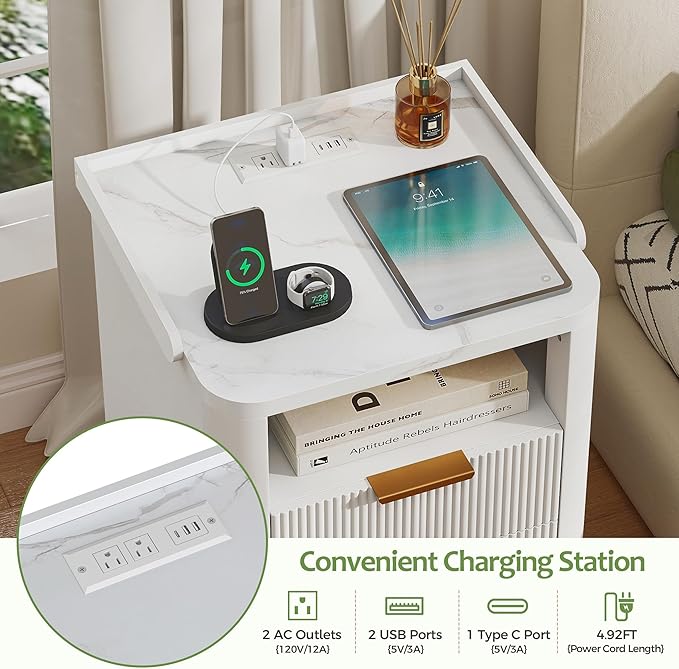 Night Stand with Charging Station, Fluted Nightstand with 2 Drawers and LED Light, Wood Bedside Table with Open Storage for Bedroom, White