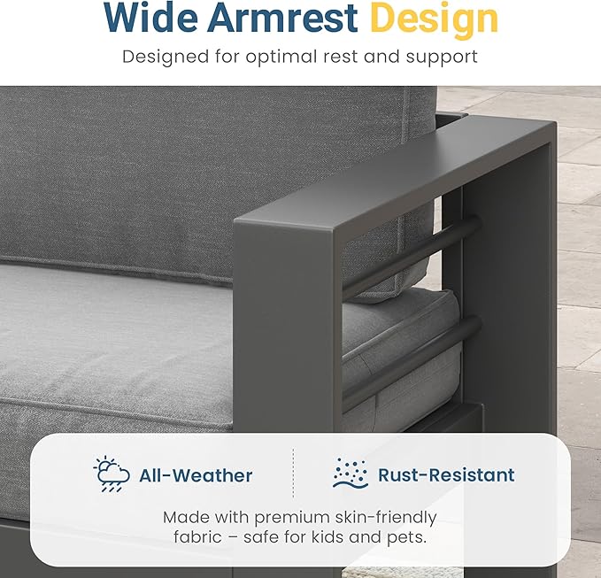Solaste Aluminum Outdoor Patio Furniture Set, 5 Seats Patio Sectional Sofa with 5" Thick Cushion, Outdoor Patio Set with Coffee Table for Porch, Yard, Backyard, Deck, Grey