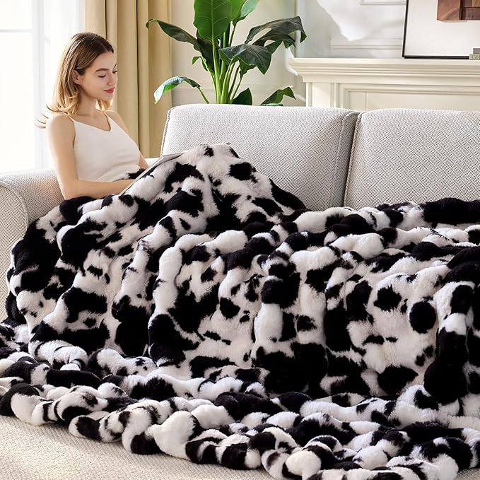 Faux Fur Throw Blanket, 1000GSM Fluffy Soft Bubble Blanket for Couch Bed, Cozy Plush Warm and Thick Blanket, Fuzzy Rabbit Throw for Living Room Bedroom 60''*80'' Cow Black
