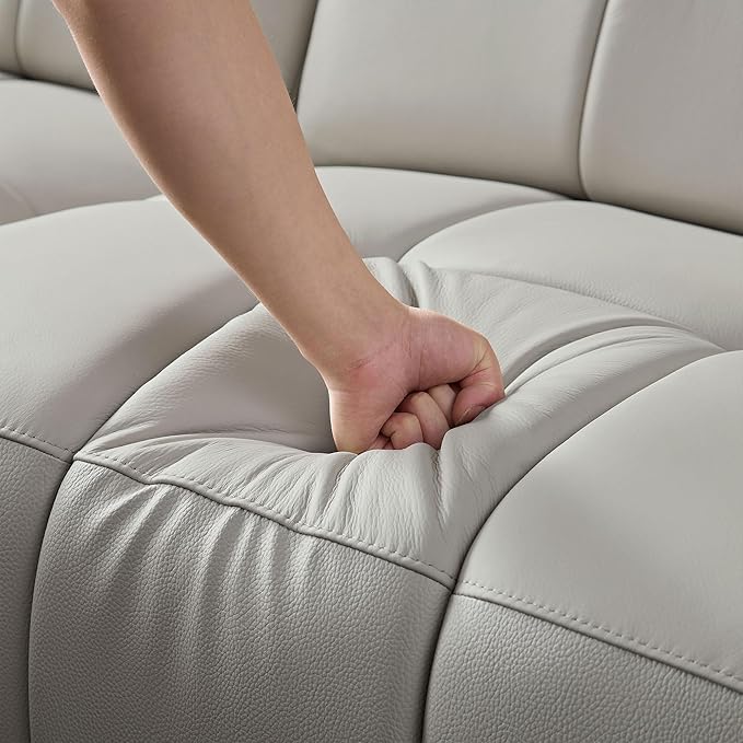 KEIKI 113" L-Shaped Genuine Leather Wall-Hugger Reclining Sofa with Left Chaise, Adjustable Backrest & Footrest, Modern Style Electric Control 3-Seater Couch with USB, for Living Room, Light Grey