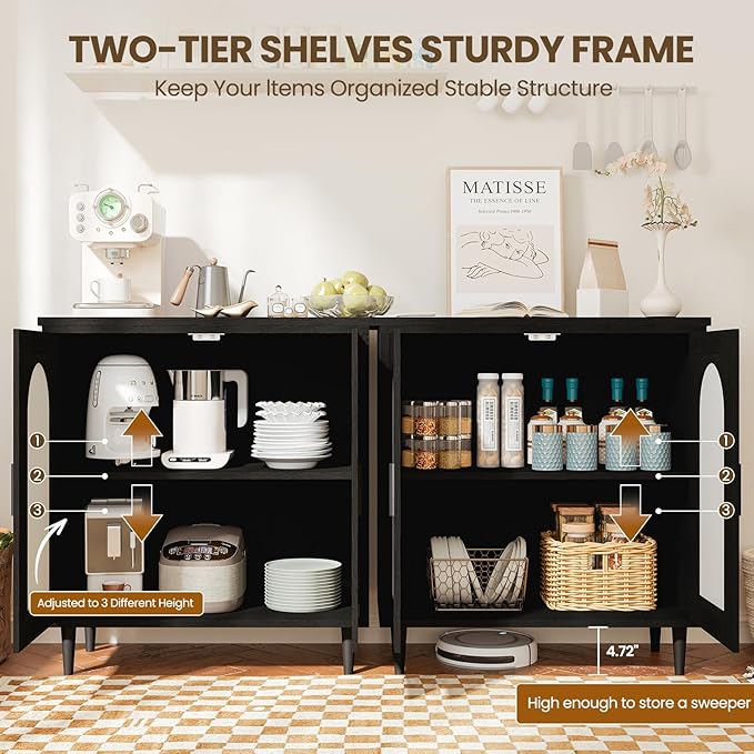 GarveeHome Sideboard Buffet Kitchen Storage Cabinet with Rattan, Solid Wood Feet for Living Room, Hallway, Entryway, Cabinet with Ample Storage Space (Black, 2 pcs)