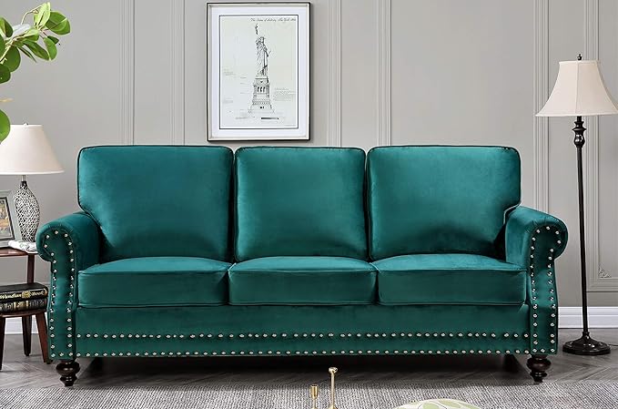 Container Furniture Direct Lotus Mid Century Modern Velvet Upholstered Living Room Rolled Arms, Chair, Loveseat and Sofa, Green