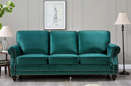 Container Furniture Direct Lotus Mid Century Modern Velvet Upholstered Living Room Rolled Arms, Chair, Loveseat and Sofa, Green