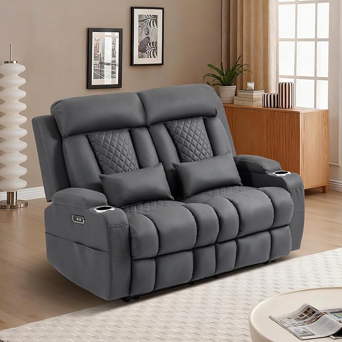 2-Piece Power Reclining Sofa Set, 3-Seater Sofa with Drop-Down Console & 2-Seater Loveseat, Zero Wall Hugger Electric Recliner Couch with Adjustable Headrest, AC Outlets (Gray, Loveseat)