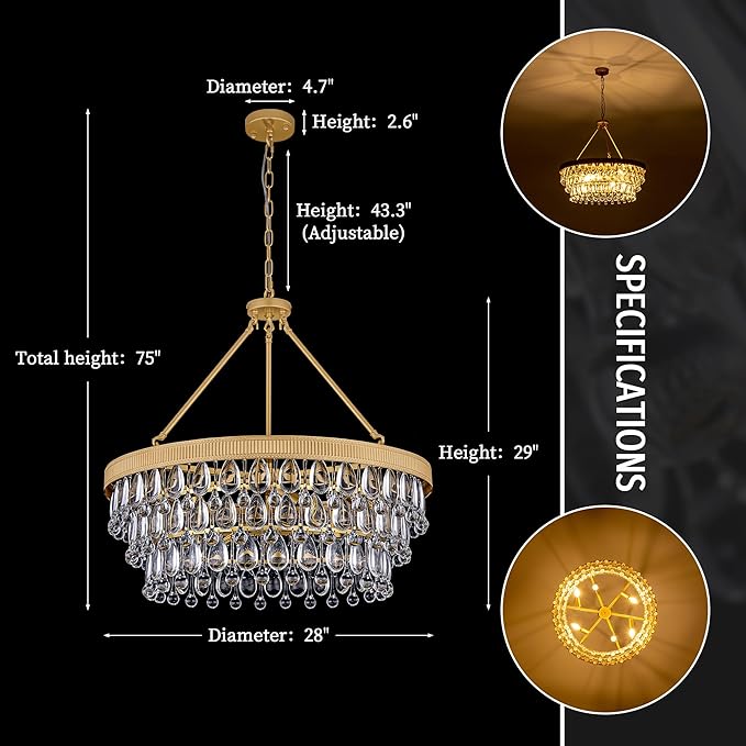 TOCHIC Crystal Chandelier, 6-Light 3 Tiers Gold Crystal Chandelier Light, Modern Farmhouse Luxury Light Fixture for Bedroom, Dining Room, Kitchen Island, Living Room, Entryway, 28"