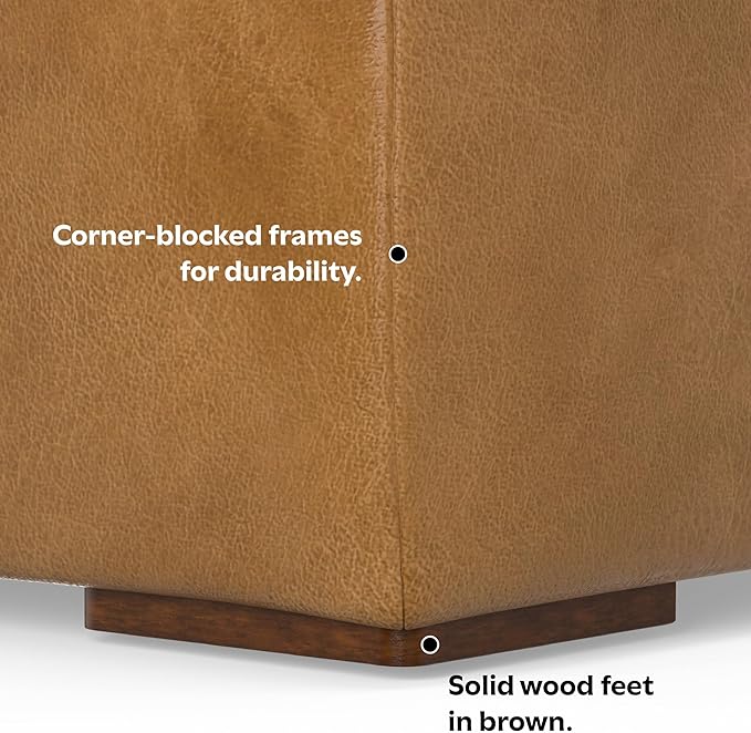 SIMPLIHOME Rex Ottoman - 34 inch Wide Upholstered Genuine Leather Square Ottoman in Sienna, Modern Bench for Living Room or Bedroom with High-Density Cushion, Assembled