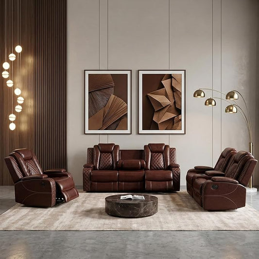 Power Recliner Sofa Set with LED, Leather Reclining Sofa Set, Living Room Furniture Set with USB Charging (3 Pieces Leather Couch Set, Garnet)