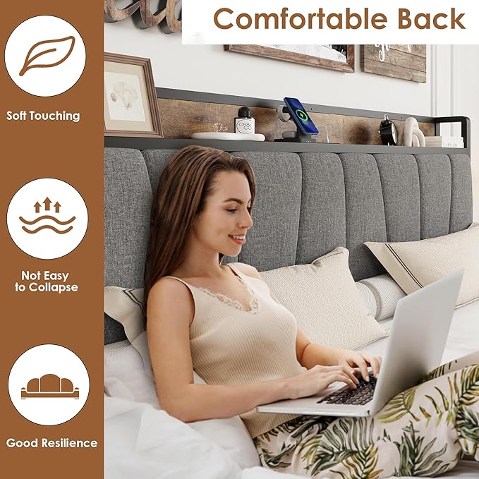 GAOMON King Size Bed Frame with 2 Storage Drawers and Charging Station, Rustic Linen Upholstered Platform Bedframe with Storage Headboard, No Box Spring Needed, Easy Assembly, Noise Free, Grey