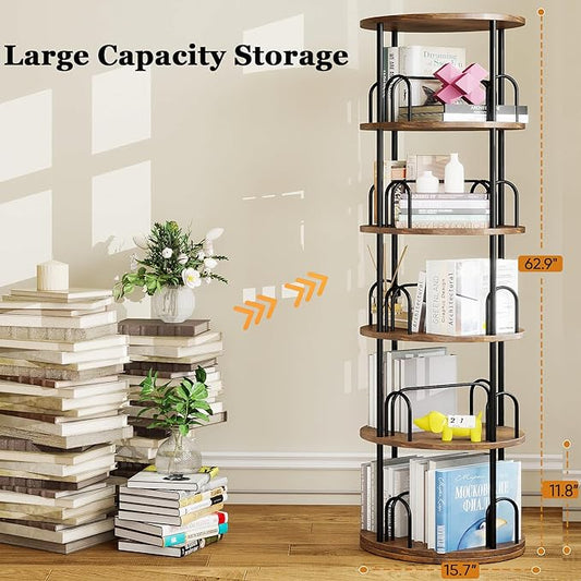 5-Tier Rotating Bookshelf, 360° Round Spinning Book Shelf Tower, Tall Skinny Wood & Metal Bookshelf for Corner/Office/Home, Modern Industrial Vintage Style