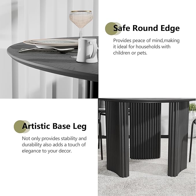 Casaphoria 46" Round Dining Table for 2-4, Farmhouse Style Small Table with Stripes Base, Easy Assembly for Living Room, Kitchen, Bar, Black