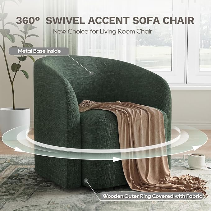 COLAMY Swivel Accent Chair, Modern Barrel Round Chair, Upholstered Comfy Living Room Chair with Armrest, Armchair for Reading Room/Bedroom/Waiting Room/Office, No Assembly, Green