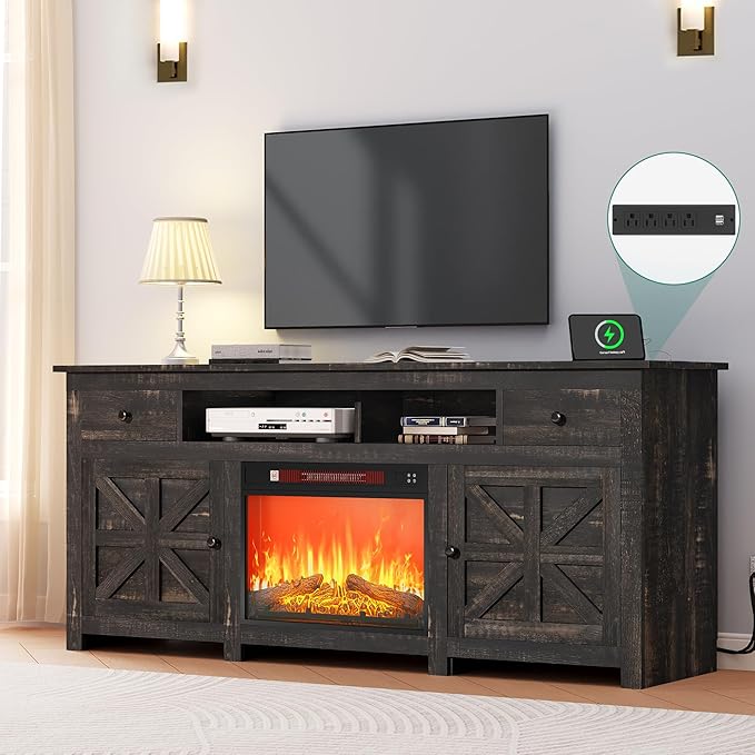 YITAHOME Electric Fireplace TV Stand for TVs up to 80 Inches, Entertainment Center with Fireplace, Farmhouse TV Stands with Storage Drawers & Cabinets for Living Room (Dark Rustic Oak)