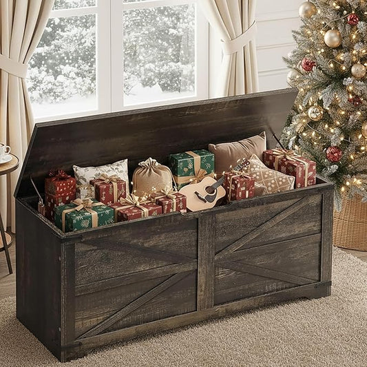 DWVO Wooden Storage Bench, Farmhouse Storage Chest with Safety Hinges, Entryway Shoe Organizer, Multi-Use Storage for Living Room/Bedroom, 47.2" L, Dark Rustic Oak