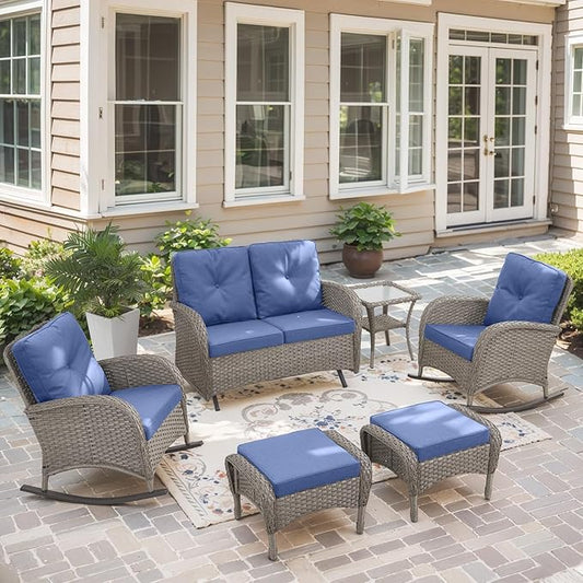 Belord 6 Pieces Wicker Patio Furniture Set with Patio Rocking Chairs, High Back Patio Conversation Set Outdoor Loveseat Glider with Ottoman and Rattan Side Table for Deck Sunroom Backyard