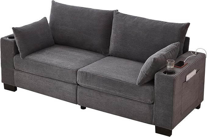 Eafurn 78" Corduroy Loveseat Sofa, Modern 2 Seater Couch with Dual Cup Holders & USB Charging Ports, Comfy Upholstered Small Sofa with Side Storage Pockets for Apartment, Living Room