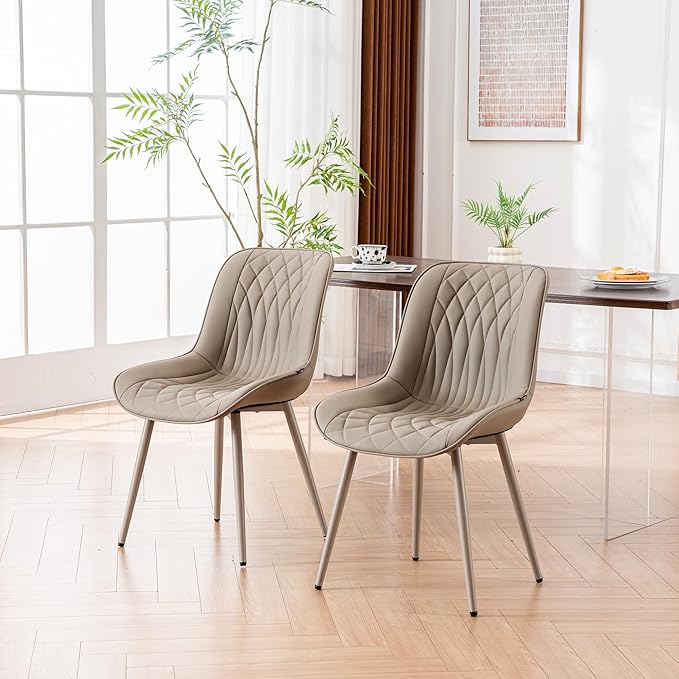 YOUNIKE Faux Leather Dining Chairs Set of 2 Mid-Century Modern High Padded Back Comfy Upholstered Kitchen Chairs with Metal Legs Wide Seat Accent Side Chair for Dining/Living/Waiting Room Khaki