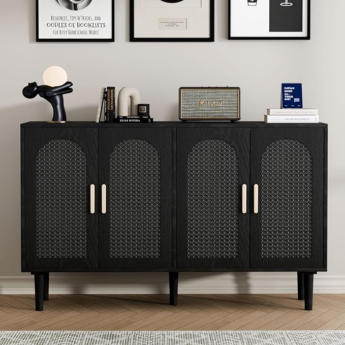 Sideboard Buffet Cabinet with Storage, Retro Rattan Storage Cabinet Kitchen Sideboard Buffet with Artistic Carved Handle for Dining Room Living Room, (Black)