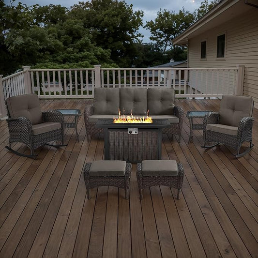 Belord Patio Furniture Set with Fire Pit Table - 8 Piece Outdoor Wicker Furniture Set with 43" 50000 BTU Propane Fire Pit and Rocking Chairs Patio Conversation Set for Deck Outside Backyard Grey