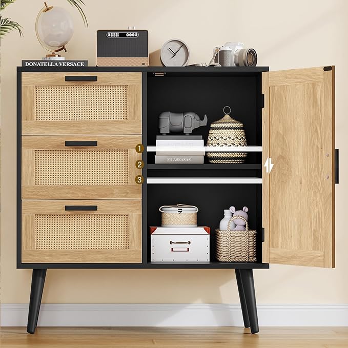 TEENFON Storage Cabinet with Adjustable Shelf & 3 Drawers, Rattan Cabinet with Doors, Freestanding Floor Accent Storage Unit for Living Room, Home Office, Natural + Black