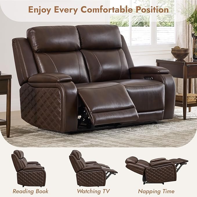 Watson & Whitely Genuine Leather Power Loveseat Recliner Sofa, Zero Gravity Reclining Loveseat with Power Headrest & Hidden Storage, Charging Ports, Dual Recliner Sofas for Living Room, Dark Brown