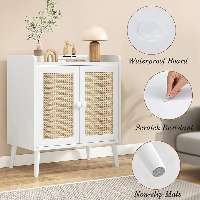FONTOI Buffet Cabinet, Rattan Storage Cabinet with Round Pull Rings, Sideboard with Ample Storage, Bar Liquor Shelf with 2 Doors for Living Room, Hallway, White