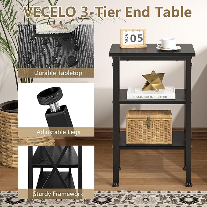 VECELO End Table, Nightstand, 24" Tall Living Room Side Tables, X-Design Reinforced Bedside Table, Nightstands with 3-Tier Storage Shelves for Small Spaces, Office, Bathroom, Bedroom, Antique Black