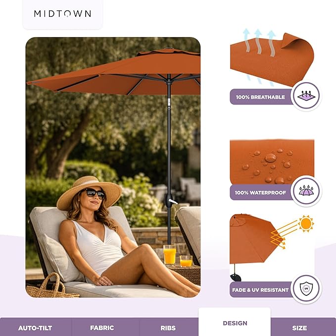 Midtown Umbrellas - The Lean 9 Ft Patio Umbrella with Fade-Resistant Sunbrella Fabric, Auto-Tilt Aluminum Frame and 8 Reinforced Ribs for Deck, Pool & Garden - Terracotta Canopy, Black Pole