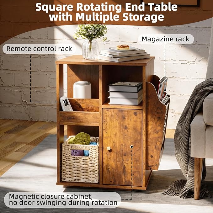 TooCust Rotating End Table with Storage, Square Rotating Side Table Living Room, Side Table with Magazine Holder, Basket and Cabinet, Swivel End Table with Multiple Storage (Rustic Brown)